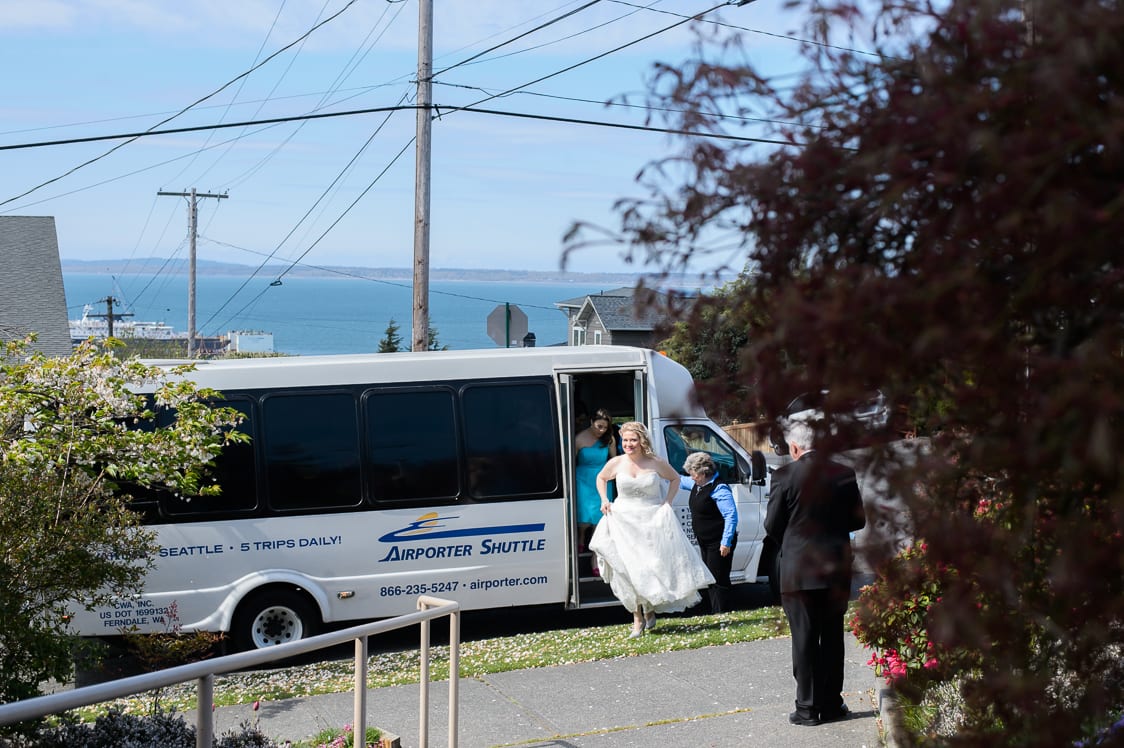 Bride arrives via Airporter shuttle for her wedding ceremony
