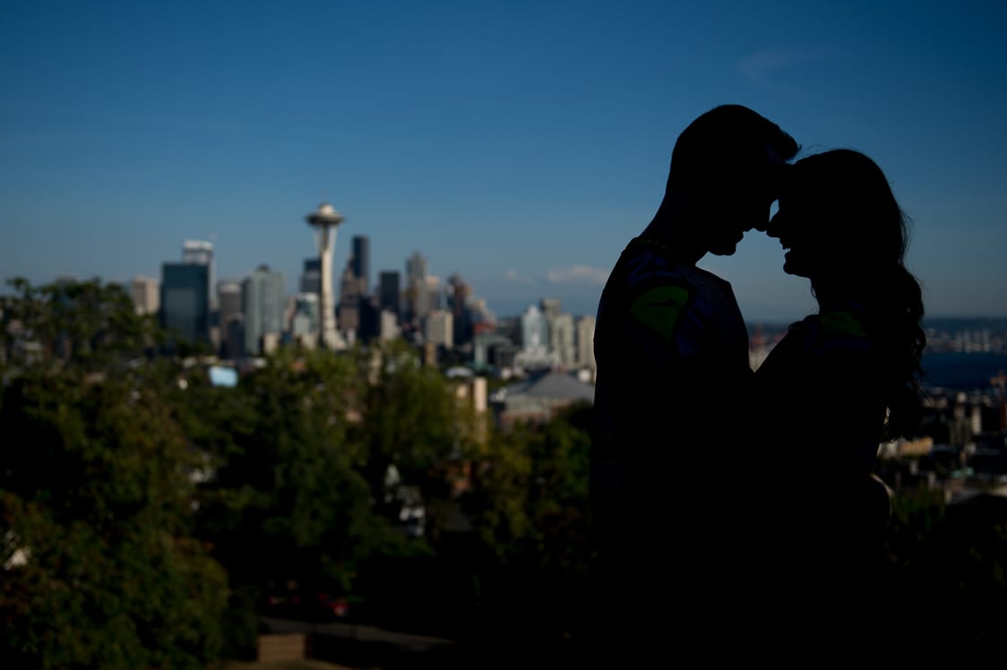 Silhouette of engaged couple at Kerry Park in Seattle