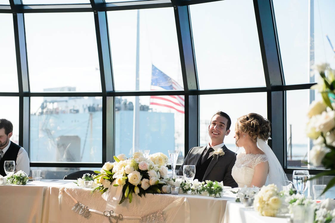 Bride and groom at the head table at the Bellingham Cruise Terminal