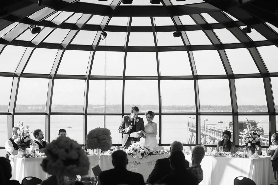 Bride and groom in the big window at the Bellingham Cruise Terminal