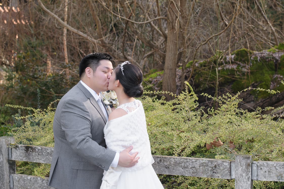 Bride and groom kissing at the Pickering Barn in Issaquah, WA