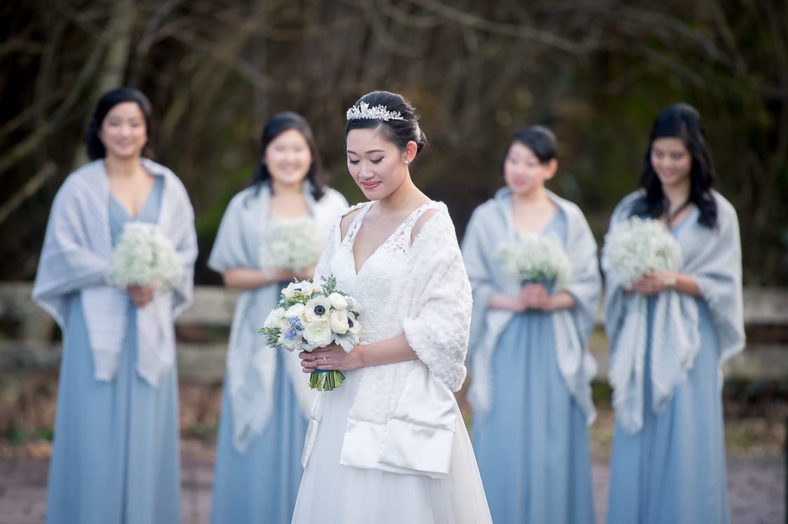 Bride in front of bridesmaids at the Pickering Barn in Issaquah, WA