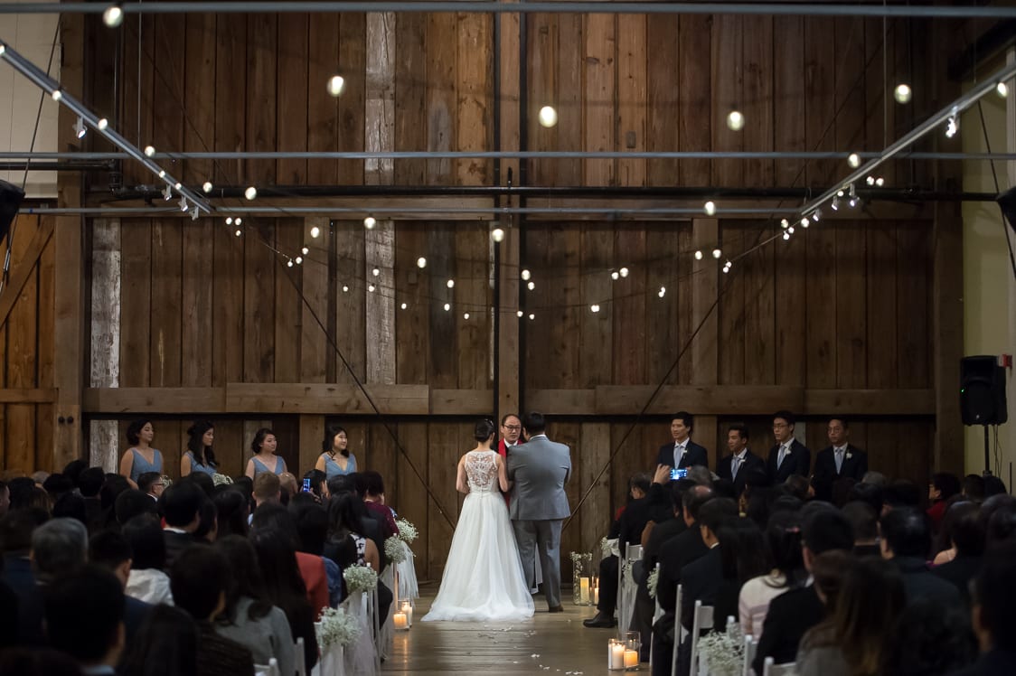 Wide shot of ceremony at the Pickering Barn in Issaquah, WA