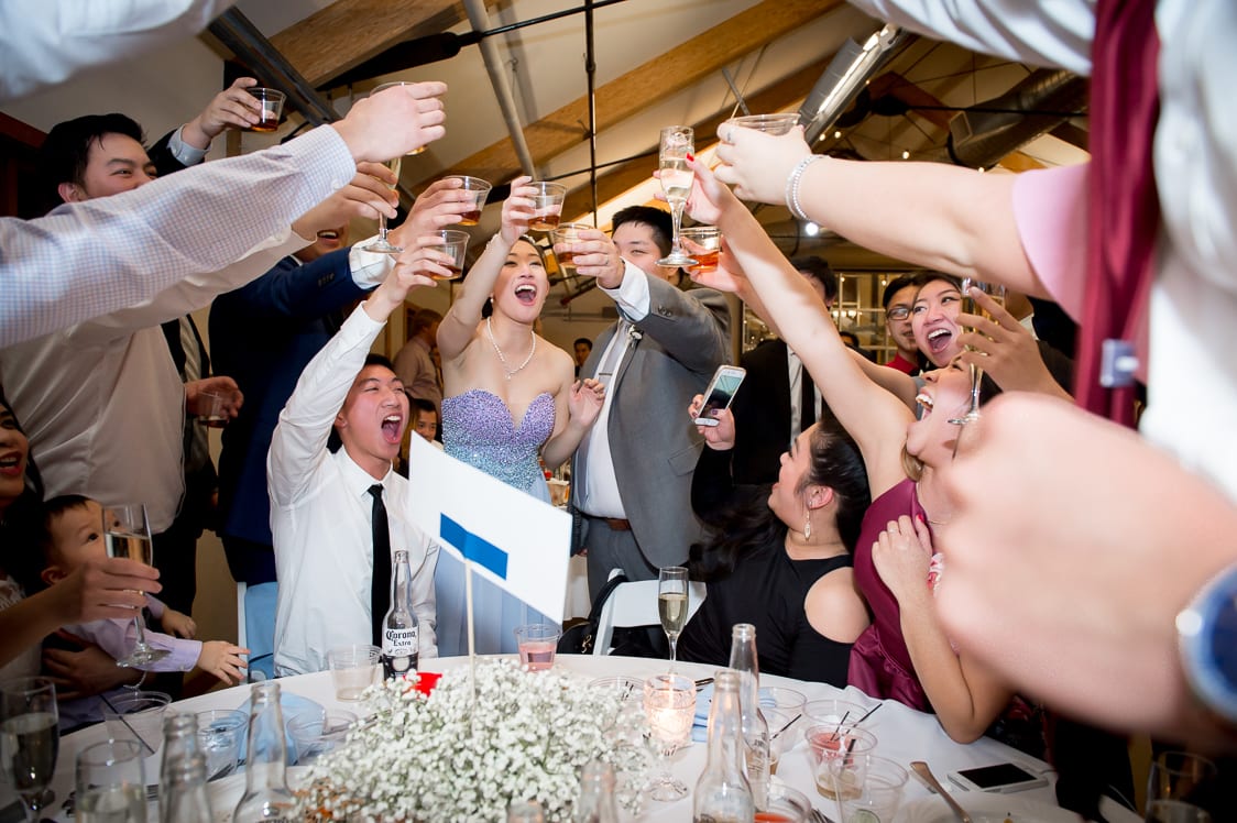 Bride and groom celebrate toasts at the Pickering Barn in Issaquah, WA