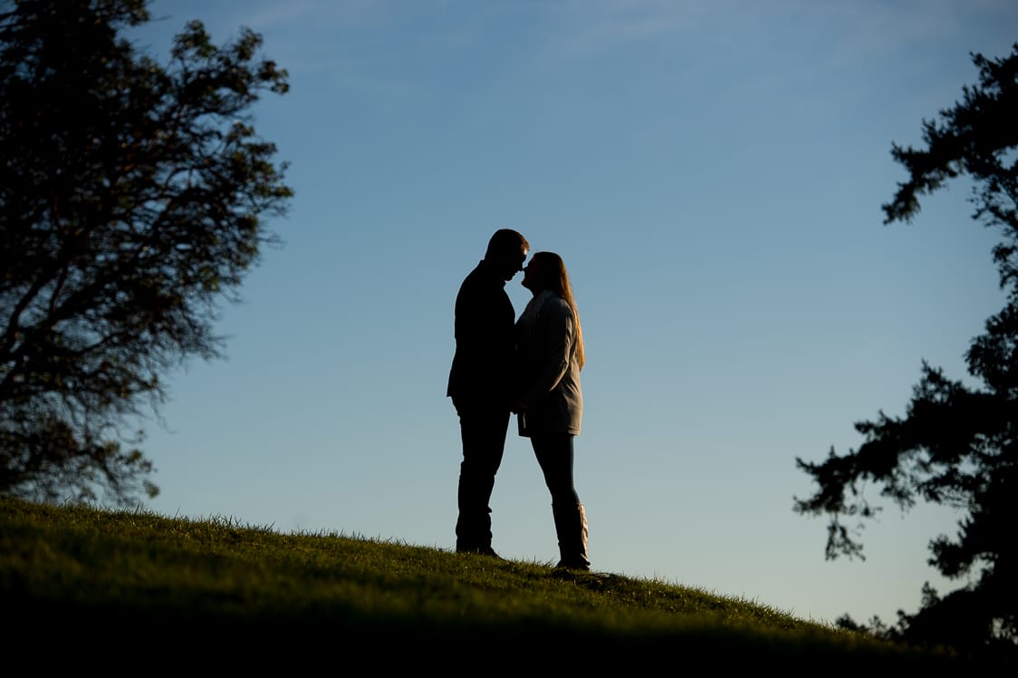 Silhouette of engaged couple at Woodstock Farms in Bellingham