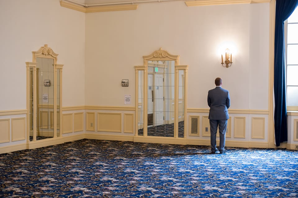 Groom waiting for his bride at the Leopold Crystal Ballroom