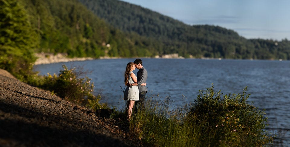 Brenizer method during an engagement session at Teddy Bear Cove in Bellingham