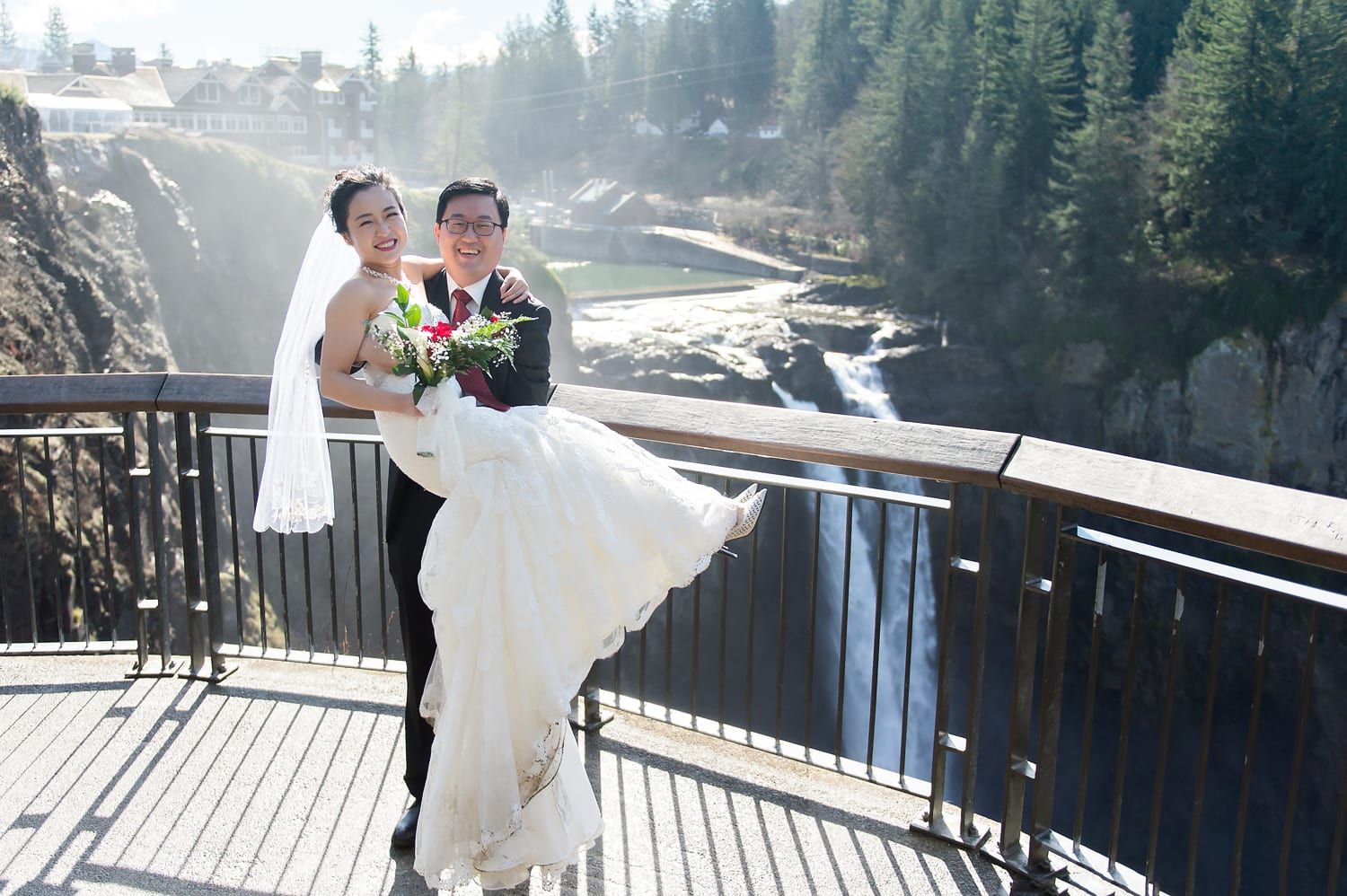 Bride and Groom at Salish Lodge Snoqualmie Falls Wedding Venue